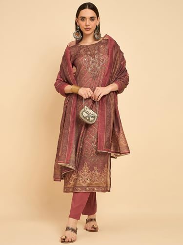 Image of SheWill Kurta Sets for Women - Red Rayon Aari Hand Work with Digital Floral Print Kurta with Pant and Chanderi Dupatta |Stylish Printed Summer Kurti Set