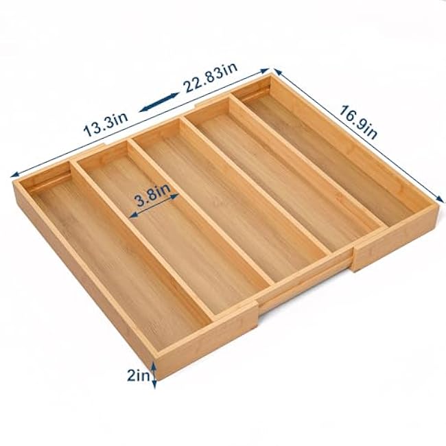 Expandable Kitchen Drawer Organizer,Bamboo Silverware Organizer,Adjustable Flatware Tray for Utensils(16.92 * 13.30~22.83 * 1.96)