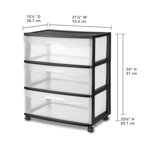 3 Drawer Wide Plastic Storage Cart, Clear Pull Out Drawers with Handles,Black