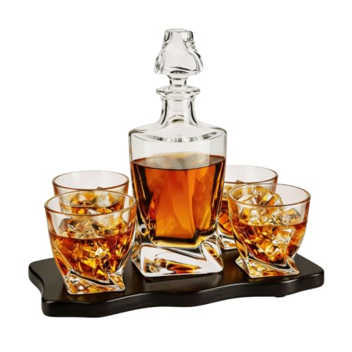 Ember Japanese Crystal Whisky Decanter Set with 4 Tumbler Glasses, Lead-Free Liquor Carafe & 10oz Rocks Glasses - Scotch Bourbon, Spirits & Wood Base Elegant Barware Gift for Men, Japan Design Gifts