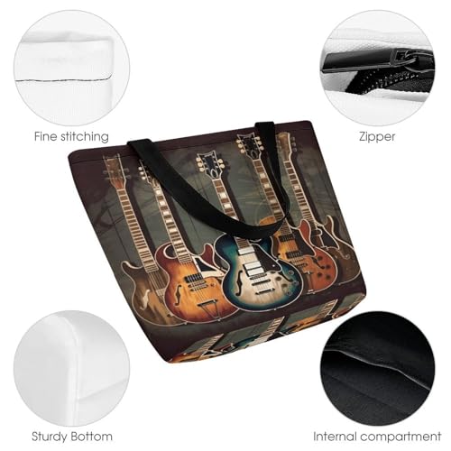 Shopping Zippered Tote for Women,Guitars Art Print Tote Bag,Top Handle Satchel Handbags,Reusable Grocery Shoulder Bag3
