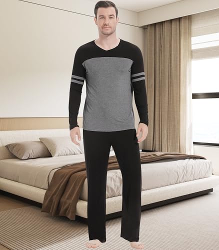 Image of NACHILA Mens Pajamas Set Viscose Made from Bamboo V Neck Top Sleep Pants | Elastic Waist with Drawstring,Soft ,Tagless Comfort,Moisture Wicking,All season Loungewear Set, Jogger Sweatpant,Match set