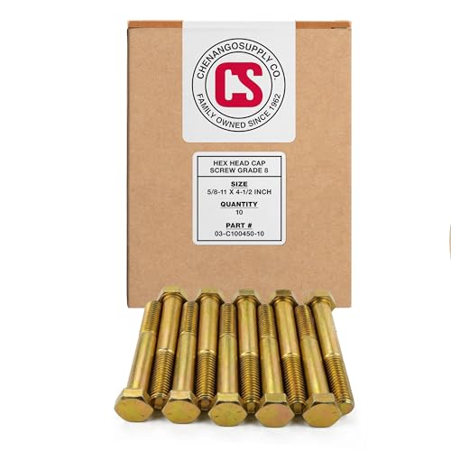 Image of Chenango Supply 5 /8-11 x 4-1 /2 inch Grade 8 Hex Head Cap Screws, Alloy Steel Hex Bolts, 150,000 PSI Tensile Strength, Yellow Zinc Chromate Finish, USS Coarse Thread Fasteners (10 Pack, 5 /8-11 x 4.5 G8)