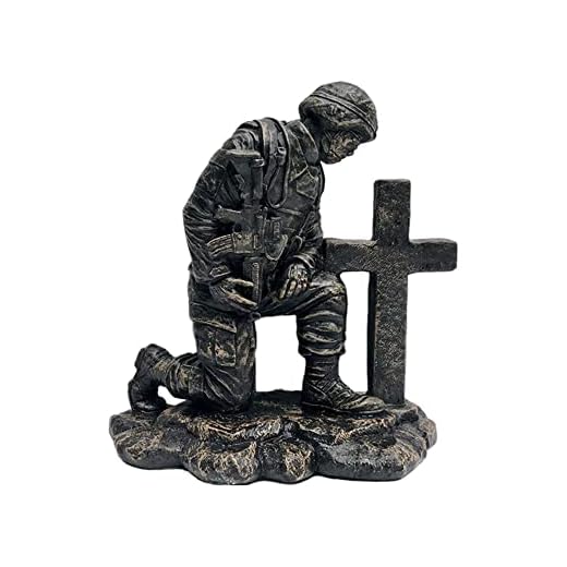 Solid Rock Stoneworks Kneeling Soldier at Cross- Autumn Brown- 22" Tall x 20" w x 11" Dia