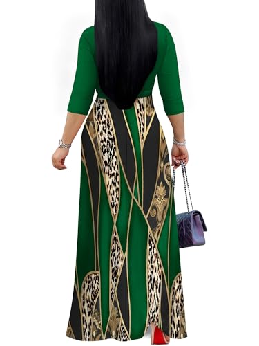 Image of Plus Size Dresses for Women Print Maxi Dresses 3 /4 Sleeve with Belt