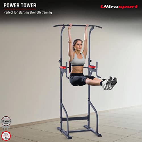 Ultrasport Power Tower, multifunctional weight station for a varied home workout, power tower, dip station, pull-up bar, push-up grips, adjustable in size, Black - Red