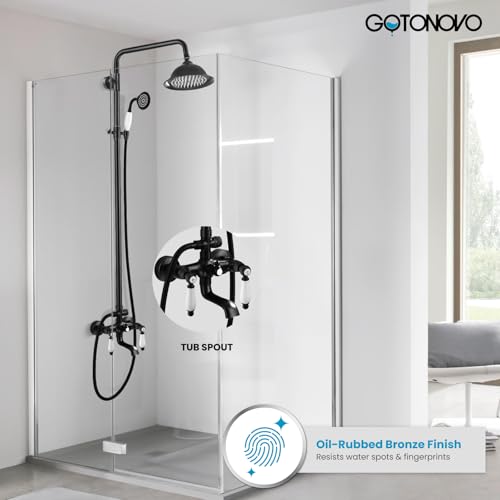 gotonovo Juego de Ducha Expuesta en Bronce Aceitado, Manija de Palanca de Cerámica | Sistema de Grifería para Baño de Latón con Cabezal de Lluvia de 8’’ con Rociador de Mano y Pico para Tina, 2 Manijas de Palanca, Altura Ajustable miniatura 2