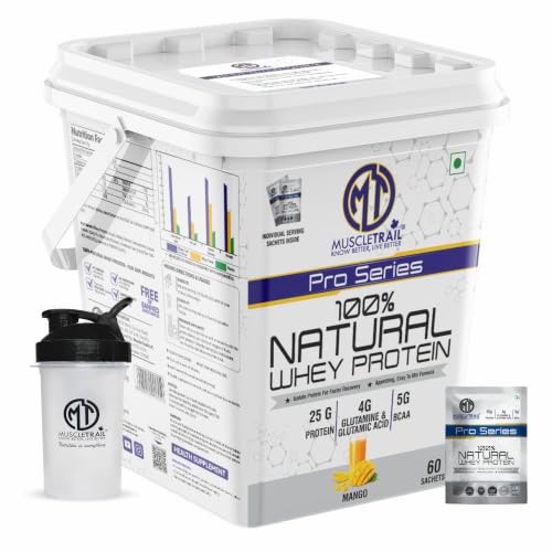 Image of MuscleTrail Pro Series Whey Protein, 50 Pouches, 25g Protein, Isolate Source, Low Carb, 4g Glutamine & Glutamic Acid, 5g BCAA (60 Serving, Mango)