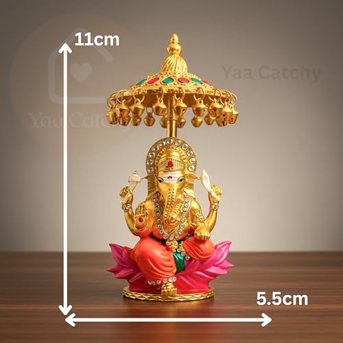 Image of Lord Ganesha Car Dashboard Idol & Crystal Stones Hindu God Ganpati.Believed to Protect and Bless Travelers on Their Journeys. (Umbrella Colour)