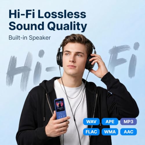 Image of BIGASUO 128GB Mini MP3 Music Player with Bluetooth 5.4 & Voice Control Earphones, Video Playback,Pocket-Sized MP3 Player for Music,Voice Recording,FM Radio, Blue