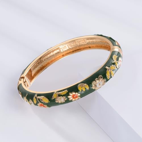 Image of UJOY Vintage Jewelry Cloisonne Handcrafted Flower Enameled Gorgeous Rhinestone Hinged Cuff Bracelet Bangles Gifts 88A10