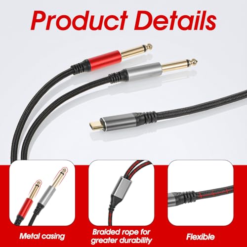 Cable USB C a audio 1/4 pulg y divisor TS de 4.9 pies miniatura 3