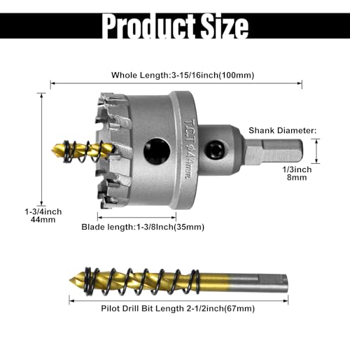 Image of SALI 1-3 /4 inch (44mm) TCT Hole Saw Kit Tungsten Carbide Tipped Hole Saw Drill Bit with Titanium-Plated Pilot Drill bit for Metal, Stainless Steel, Iron, Wood, Plastic