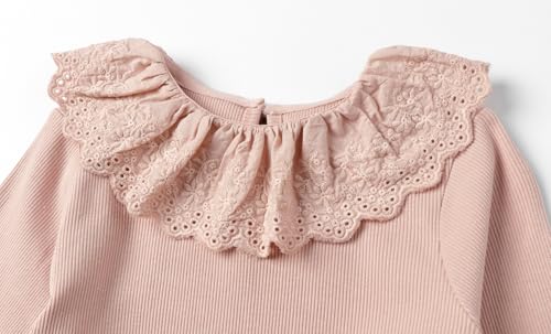 Image of LittleSpring Girls Ribbed Knit Long Sleeve Tshirt with Lace Ruffle Collar