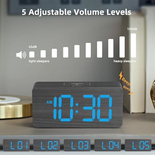 Image of uscce Wooden Digital Alarm Clocks for Bedrooms with 0-100% Dimmable Display | Desk Clock with Large Numbers for Living Room - Loud Dual Alarm for Heavy Sleepers with Volume Control - Wood Decor & Gifts