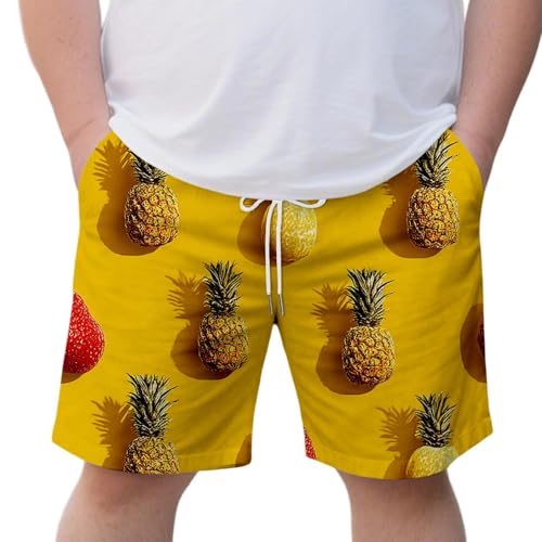 Men's Casual Beach Drawstring Shorts Pineapple Fruit Printed Elastic Waist Hawaiian Short Bottoms Trunks with Pocket