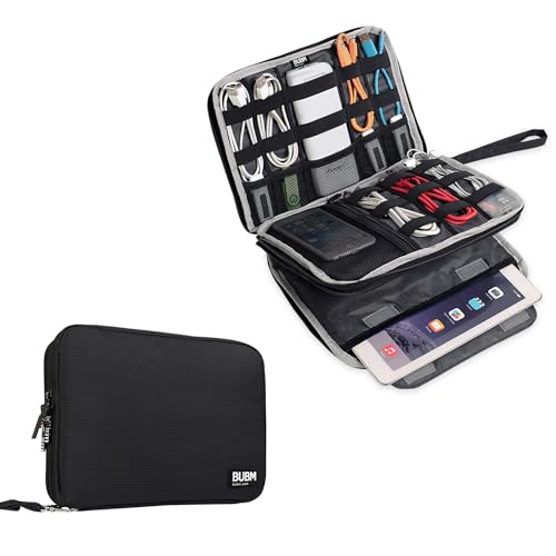 BUBM Double Layer Electronics Organizer/Travel Gadget Bag For Cables,Memory Cards,Flash Hard Drive and More,Fit For iPad Or Tablet(Up To 9.7″)–Large, Black