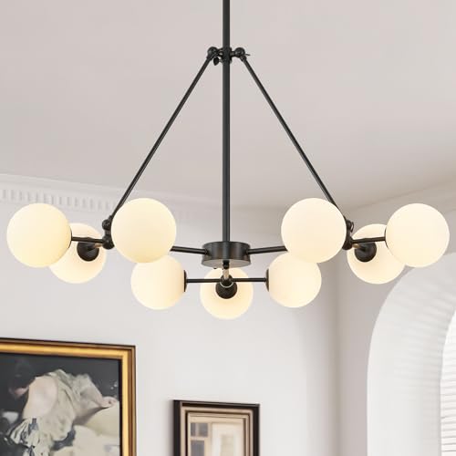 CATINER Modern 40" 9-Light Black Sputnik Chandelier with Milk Glass Globe