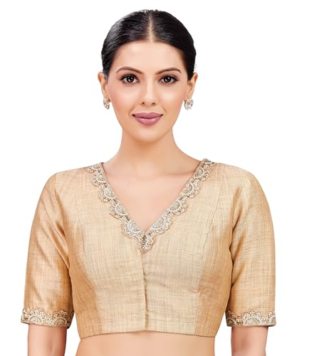 Image of Studio Shringaar Crepe Women's Linen Brocade Embroidered V-Neck Readymade Saree With Elbow Length Sleeves Blouse