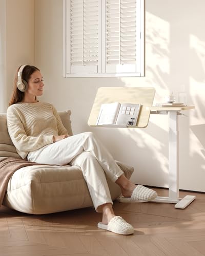 Image of FLEXISPOT Adjustable Height C-Shaped End Table with Split Tilting Top - Mobile Side Table for Sofa & Bedside, Slides Under Furniture, Hidden Wheels for Small Spaces(31.6 inchW x 15.7 inchD,White Wood Grain)