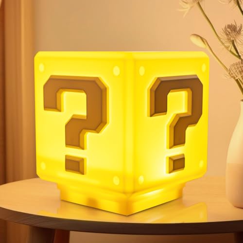TLAOTNIY Super Bro Question Block Light Square LED Night Light Bedside Lamp with Game Coin Sound Effect for Childrens Room Decoration (Yellow)