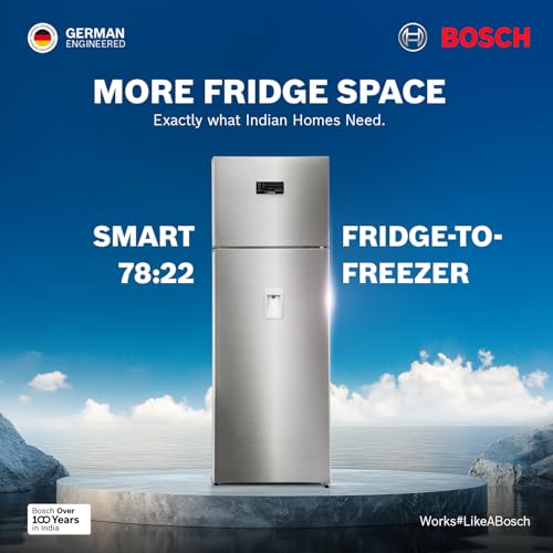 Image of Bosch 368L, 1 Star, Frost Free Double Door Refrigerator with 2.5 L Water Dispenser | 6-in-1 Convertible Storage Modes | Fresh up to 10 Days | Touch Panel | 2 Cooling System (CTC39S21AI, Steel, 2026)