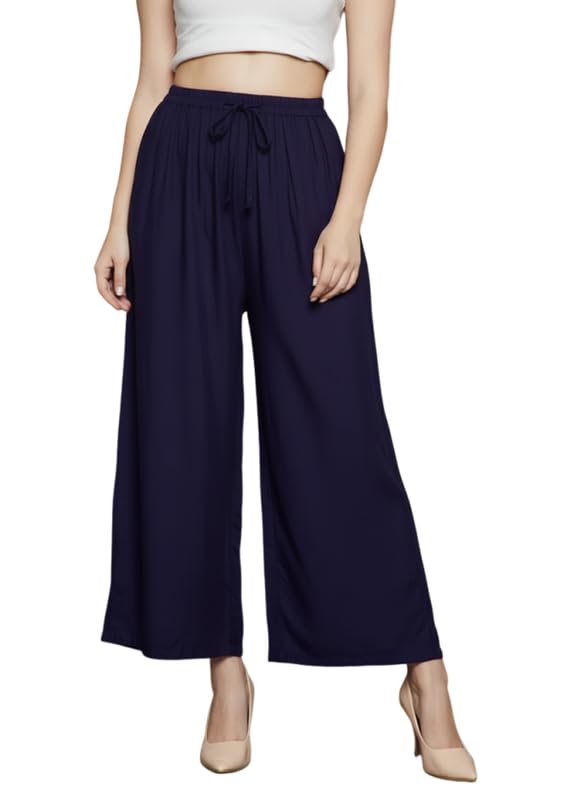 Image of Super Soft Viscose Rayon Flared Palazzo Pants for Women Stylish Wide Leg Straight Relaxed Fit Casual Ethnic Office Wear