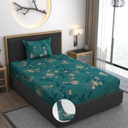 Image of Premium Heavy Cotton Elastic Fitted Bedsheets with 1 King Size Pillow Covers | Single Bed with All Around Elastic 350 TC | 36 x 78 x 6 Inch Single Size Fitted | - Green Flower