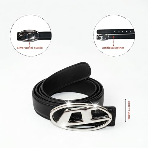 Image of Designer Belt for Women, Black Artificial Leather, Silver Metal Buckle, 109 cm Length, 2.8 cm Width