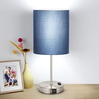 Touch Control Table Lamp, 3 Way Dimmable Bedside Desk Lamp with 2 Fast USB Ports and AC Outlet, Blue Nightstand Lamp for Bedroom Living Room, Modern Office Lamp, Silver Base, 60W LED Bulb Included