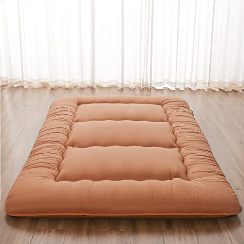 Zelladorra Japanese Floor Mattress, Futon Mattress with Portable Storage Bag and Washable Cover, Roll Up Thick Tatami Mat Suitable for Camping, Guest Room, Light Coffee, Queen