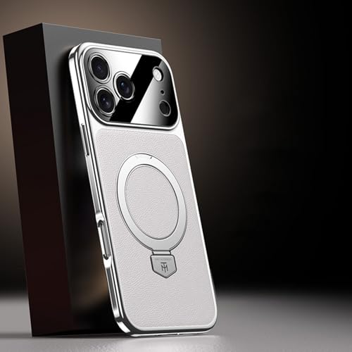 Coque iPhone 14 Pro Max aimantée en cuir argenté avec bague de support intégrée
