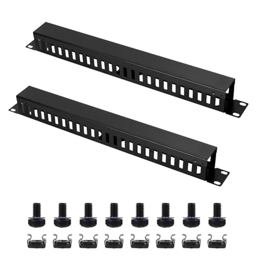 2 Pack 19 Inch 1U Server Rack Cable Management -24 Slot Horizontal Rack Mount Cable Manager with Rack Screws - Cable Raceway Wire Duct Channel Track Cord Organizer with Cover for Server Rack & Cabinet