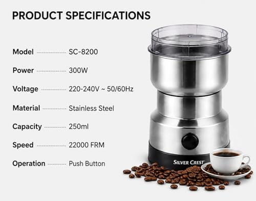 Image of Electric Mixer Grinder 300W Stainless Steel Coffee & Spice Grinder Machine, Portable Dry Masala Grinder with One Touch Operation, Grinder for Coffee Beans, Spices, Nuts & Grains Home Kitchen