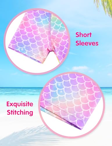 Image of Girls Swimsuit Colorful Short Sleeve Bathing Suits UPF 50+ Rash Guard Set Two Piece Summer Swimwear