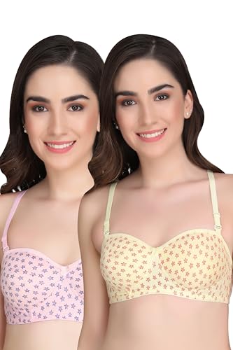 Image of Printed Half Cup Padded Bra - Made of Pure Cotton Full Coverage Non Wired Seamless Pushup Soft Cup for T-Shirt Saree Dress Sports Garment for Daily Use Everyday