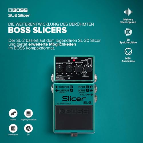 BOSS SL-2 Slicer | Kompaktpedal für Gitarre, Keyboard, DJs & mehr | Erzeuge pulsierende Grooves | Mehrere Slicer-Spuren | 88 integrierte Patterns | Stereo-Ausgangsmodi | Steuerung über MIDI-Eingang