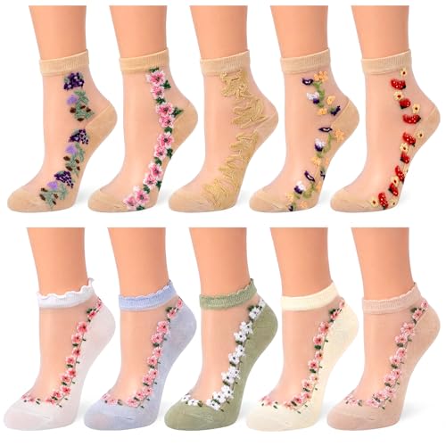 Cuffbow 10 Pairs Women Sheer Socks Lace Flower Pattern Low Cut Invisible Ankle Socks for Women Sole Dress