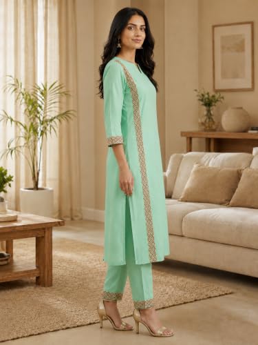 Image of Yash Gallery Women's Cotton Embroidered Straight Kurta & Pant Ethnic Wear
