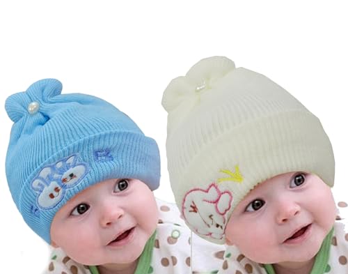 Image of Pack of 2 100% Woolen Cap for New Born Baby | Winter Warm Cap | Baby hat Cap for Winter | Woolen Cap for Baby, Kids