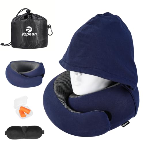 Vzpeun Travel Pillow - Hooded Neck Pillow Airplane Memory Foam Filling