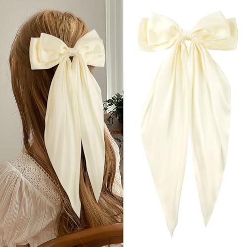 1PC Big Hair Bows Clip,Long Soft Satin Hairpin French Ribbon Bowknot Metal Hair Clips,Tail Barrettes Accessories(White)