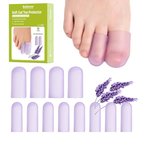 Image of Bukihome Silicone Toe Protectors - 12 Pack Gel Toe Sleeves Toe Protectors - Toe Caps Toe Cushions for Pain Relief, Toe Protection for Corns, Calluses (Lavender, 4L + 8S)
