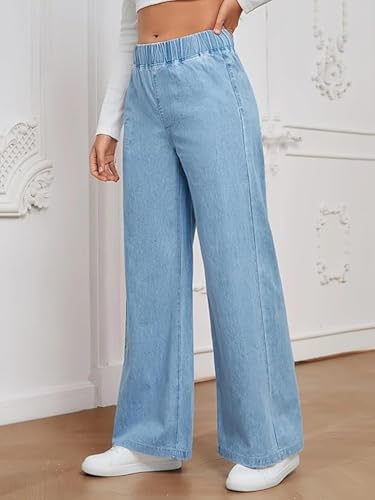 Image of ADBUCKS Women's Stretch Denim Wide Leg Jeans Comfort Fit with Elastic Waistband, Straight Cut, Casual Style for All Seasons, Versatile Clothing