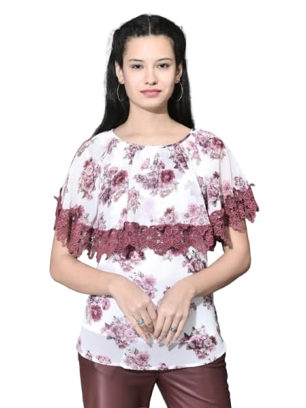 Women's Floral Chiffon Off-Shoulder Cape Top with Scalloped Lace Trim-image-22