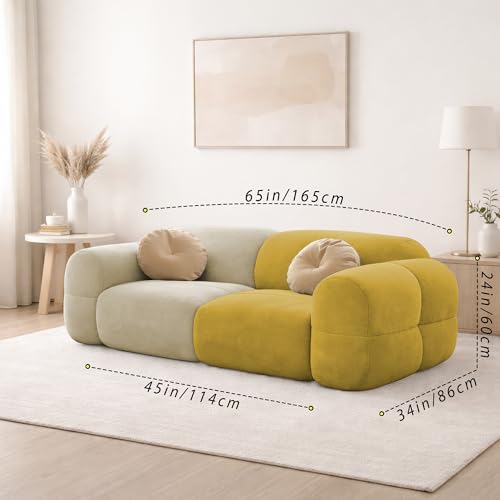 Image of Casaliving Vetras Modern Velvet Bubble Cloud Sofa, Tufted Design Upholstered 2 Seater Sofa Set for Living Room, (Cream Yellow Colour) Premium Velvet Fabric Sofa