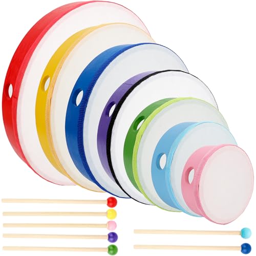 7 Pack Hand Drums Set 12 10 8 7 6 5 4 Inch Wood Frame Drum with Drumsticks Percussion Instruments for Kids Adults School Church Party Gifts