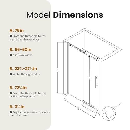 Image of 56-60 inch W x 76 inch H Frameless Sliding Shower Door, Stainless Steel Round Tube Bathroom Single Sliding Glass Doors with 1 /4''(6mm) SGCC Clear Tempered Glass, Reversible Installation, Matte Black