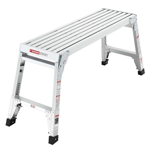 Folding Work Platform Adjustable Height, Heavy Duty Platform Step Ladder for Home, Portable Aluminum Step Stool & Aluminum Bench with Non-Slip Rubber Feet,225lbs (with Telescopic Legs)