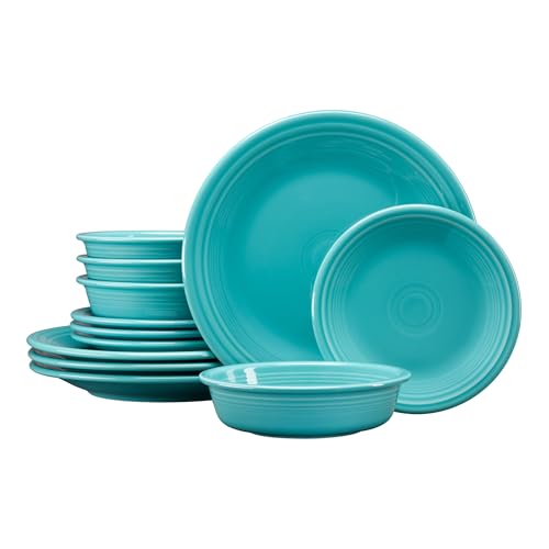 Fiesta Classic Rim 12-Piece Dinnerware Set Durable Ceramic Lead-Safe Dishwasher/Microwave/Oven Safe Made in USA Dinnerware - Turquoise
